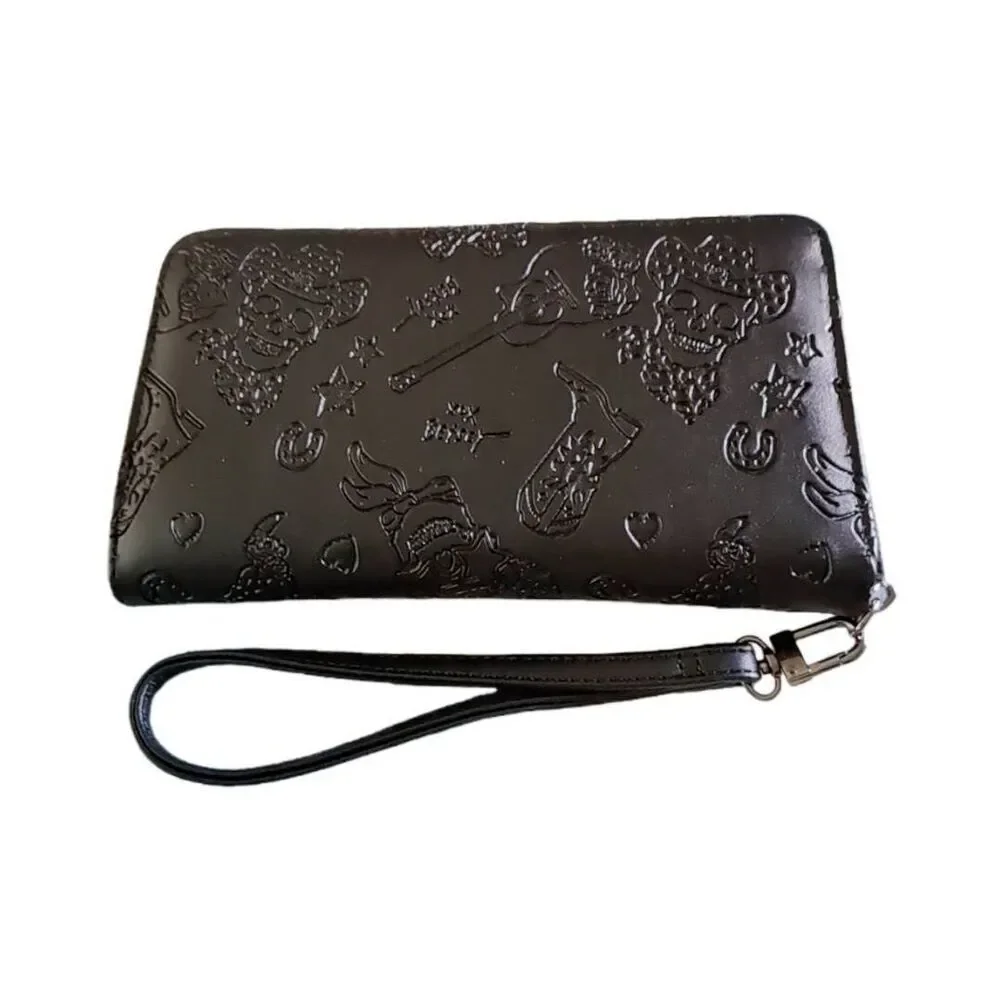 NWT~BETSEY JOHNSON Black Skull Western Deboss Vegan Leather Zip Wristlet Wallet